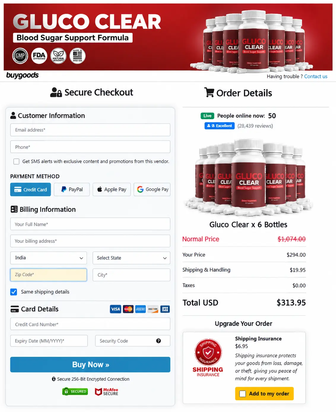 GlucoClear order and checkout information